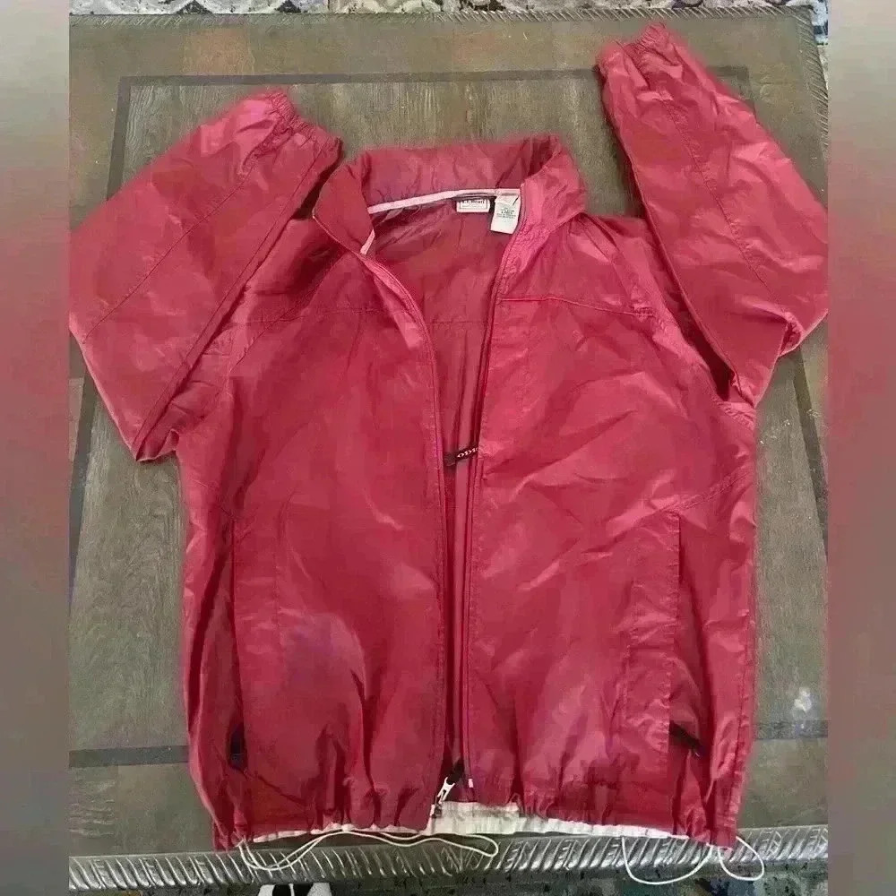 LL BEAN STOWAWAY NYLON  FULL ZIP  O AKC5 HOODED RAIN JACKET MENS  L